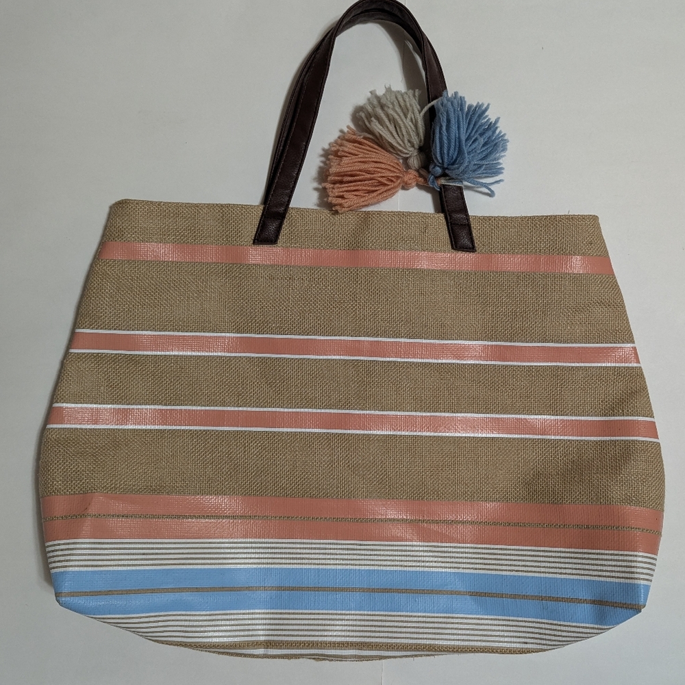 Striped Tan Tote Bag with Tassels